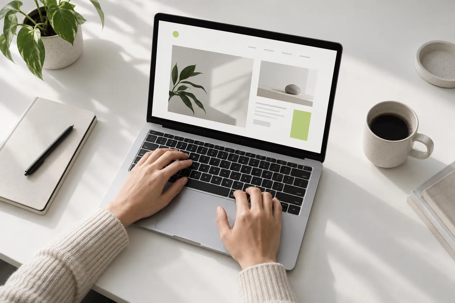 Laptop, camera, and notebook with web design sketches on a wooden desk